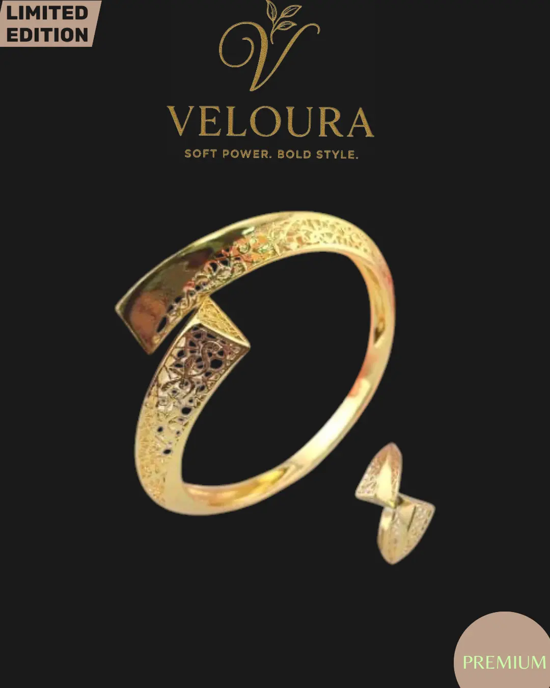 Gold Filigree Open Cuff & Matching Pyramid Ring