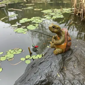 Creative Fishing Turtle Design Resin Ornament, Cute Fishing Turtle Figurine, Outdoor Garden Yard Decoration, Home Decor Supplies, Outdoor Setting, Decorative