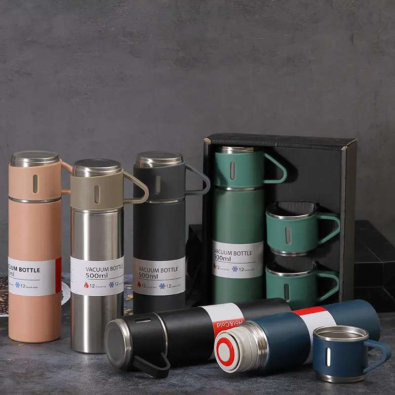 Aesthetic Insulated Stainless Steel Water Bottle - 500ml Insulated Travel Drinkware with 3 Lids Gift Set, Keeps Drinks Hot & Cold, Ideal Present for Kitchenware Use