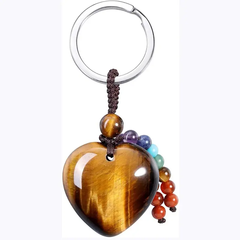 Natural Rose Quartz Heart Crystal Keychain 7 Chakra Healing Gemstone Key Ring Charm for Women Girls