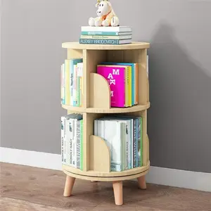 Double layer rotating bookshelf with legs, small stackable bookshelf, 360 degree display vertical rotating bookshelf, rounded corner bookshelf, wooden book storage display rack