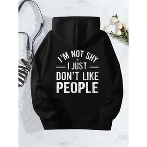 Anti Social Quote Women's Hoodie Long Sleeve Hooded Graphic Print Streetwear Fashion Hooded Sweatshirt Trendy Casual Outfit Womenswear Tops Black Fitted Pullover