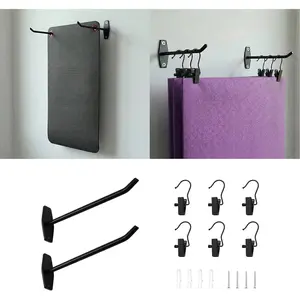 Yoga Mat Holder Wall Mount: Hanging Exercise Mat Rack - 2 Pack Heavy Duty Adjustable Hooks & 6 PCS Clips for Yoga Mat, Eyelet Mats, Foam Rollers & Gym Equipment Storage - Organizer for Fitness Workout