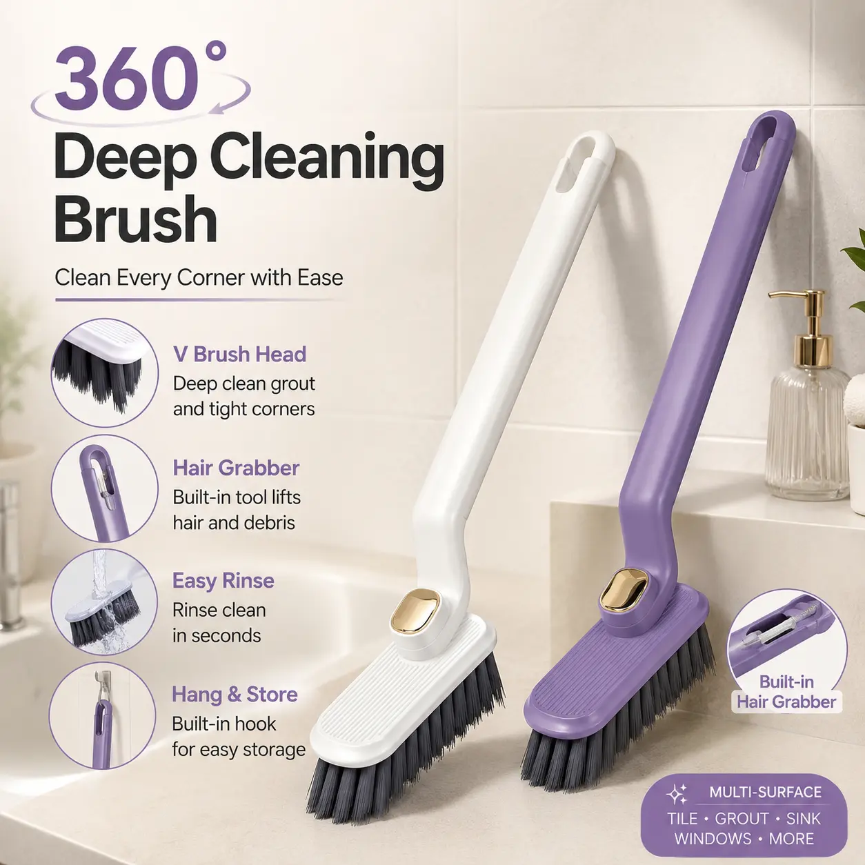 360° Rotating Deep Cleaning Brush, 3-in-1 V-Shaped Grout Scrubber with Built-In Hair Grabber & Scraper, Multi-Surface Cleaning Tool for Tile, Bathroom, Sink, Toilet & Window Tracks