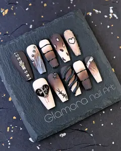 Glamora Gothic Nude & Brown Press-On Nails - Handmade Dark Glam Nail Art with 3D Accents FDA Approved Safe Materials