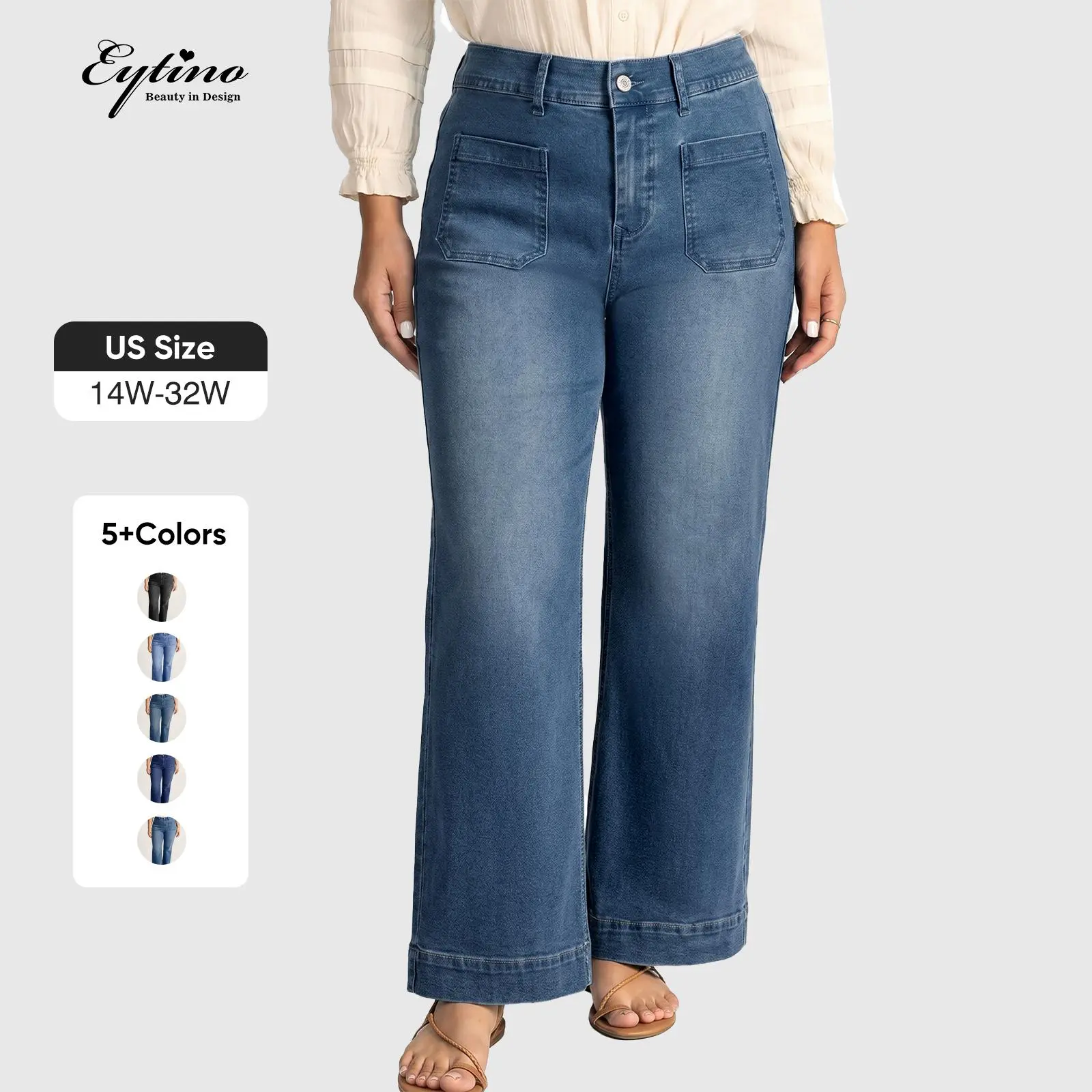 Eytino Womens Plus Size High Waist Front Patched Pockets Stretchy Straight Leg Jeans 2026 Fall Fashion Loose Denim Pants (1X-5X)