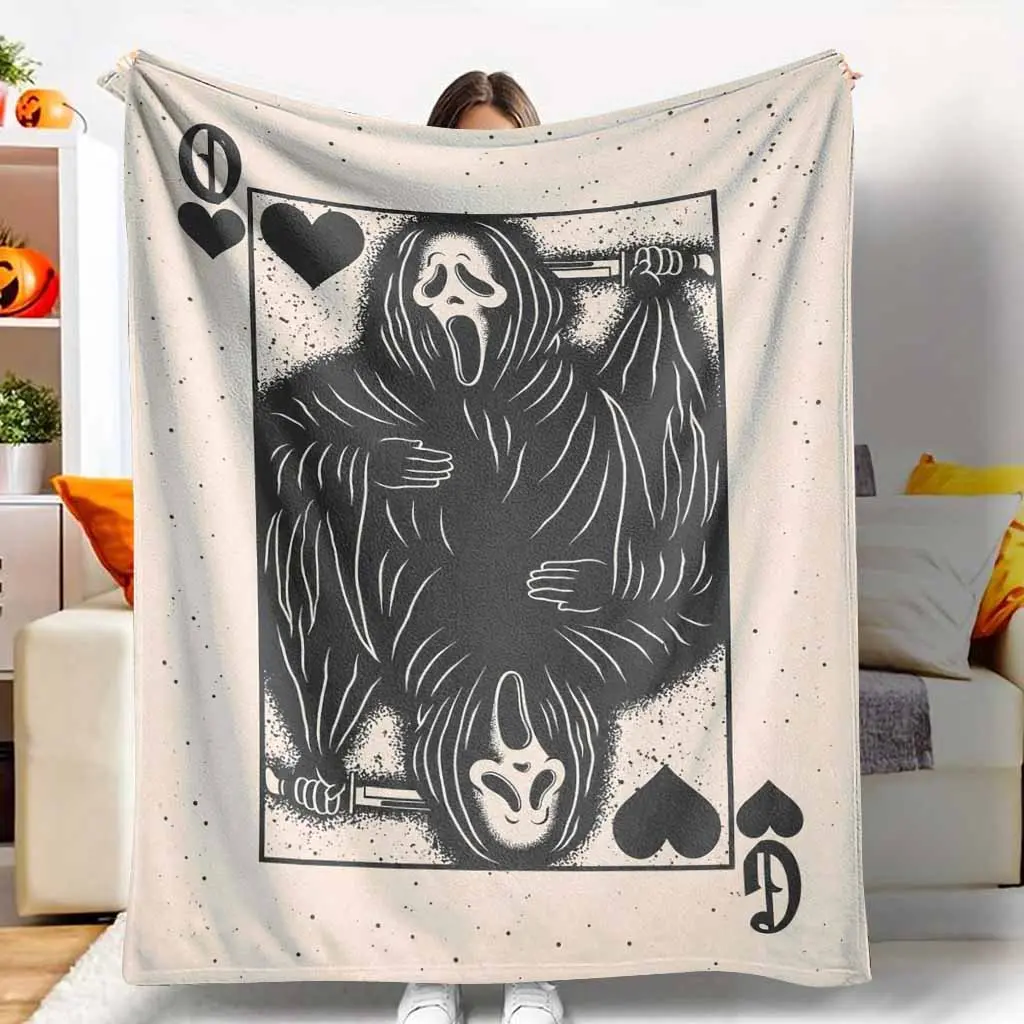 Masked Poker Queen Flannel Blanket Gothic Playing Card Print Soft Warm Lightweight Cozy Throw for Sofa Bed Dorm Halloween Party Movie Night Gift