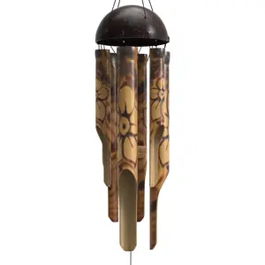 Rustic Bamboo Wind Chimes - Outside Outdoor Wooden Windchimes, Small, Floral Burned Design with Coconut Crown, Handcrafted with Calming Deep Tones, Home Decor Ideal Gift for Him & Her