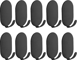10 Pcs Sticky Adhesive Hooks for Hanging, Stainless Steel Key Holder Command Hooks Stick On Wall Mount Hanger Over The Door Metal Hook Utility Hooks for Kitchen, Cup, Coat, hat, Picture (Black)