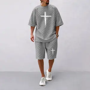 Men's Spring and Summer Cross Print Checkered Fabric Drawstring Shorts Set, Casual Summer Outfit with Short-Sleeved Shirt and Shorts, Ideal for Everyday Wear and Sports Activities