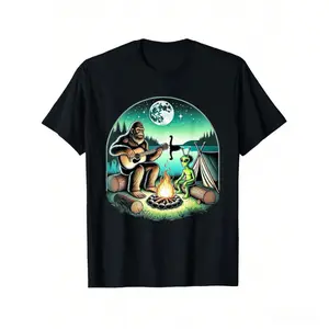 Alien and Bigfoot Loch Ness Bonfire Sasquatch Guitar T-shirt, unisex graphic tee, cartoon funny print, simple and casual, for camping enthusiasts