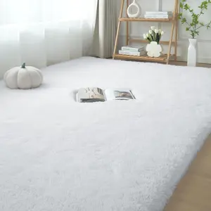 G-DAKE Fine Shaggy Plush Rug, White Anti-Slip Soft Carpet, Skin-Friendly Floor Mat for Bedroom Living Room Corridor Balcony Home Decor