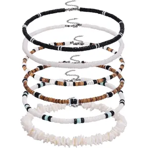 Puka Shell Necklace for Men White Seashell Necklace Summer Beach Surfer Necklace Coconut Beads Hawaiian Pooka Choker 6-Piece Set Alloy Lobster Clasps