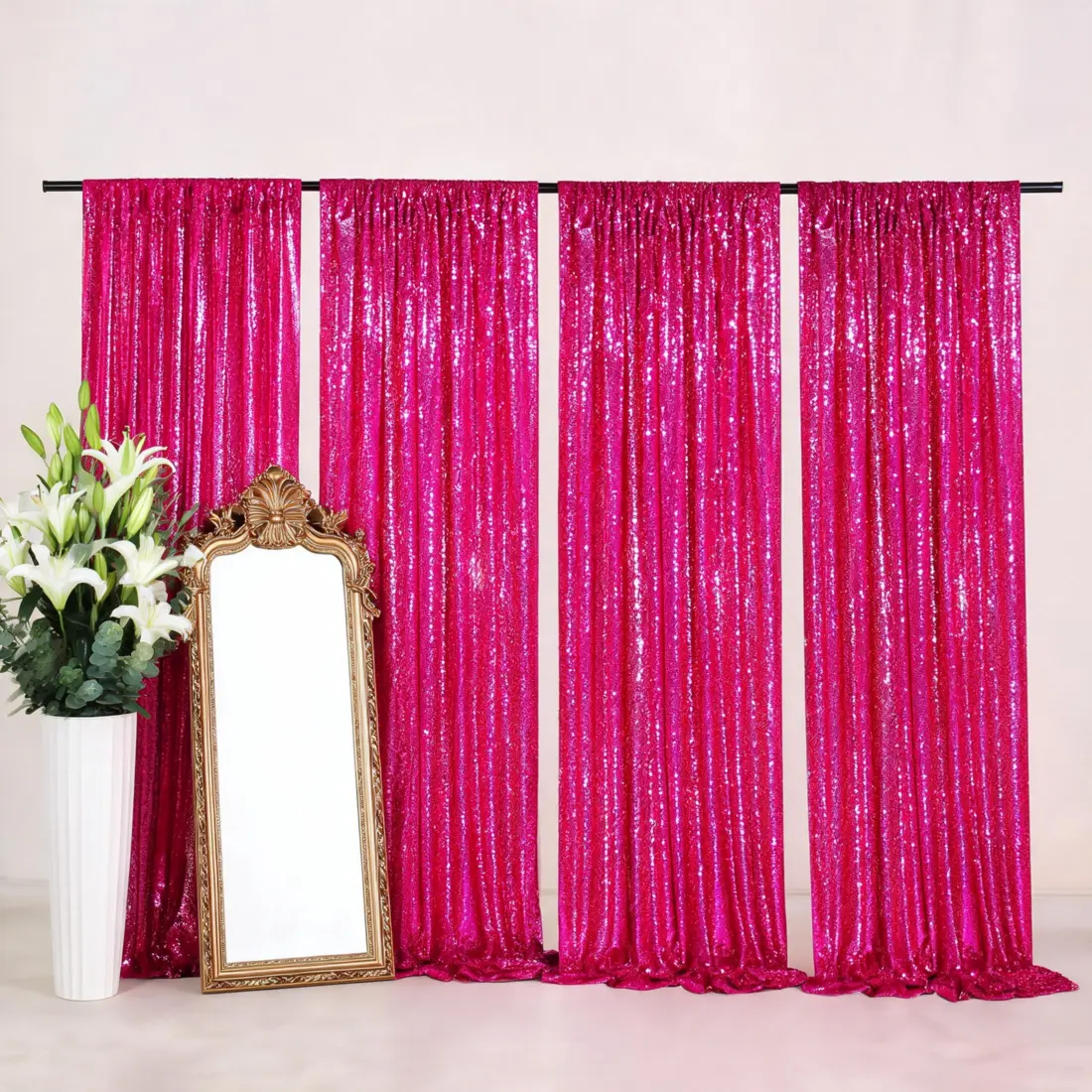 Premium Fuchsia Round Sequin Backdrop Curtain 4-Pack (2FTx8FT) - Party Background Decoration, Birthday Party Decorations, Wedding Photography Props, Glitter Drapes
