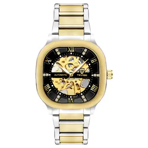 Luxury Men's Skeleton Automatic Watch, Gold Accent, Square Case, Business Stainless Steel Timepiece