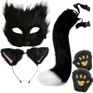 4pcs Plush Fox & Cat Cosplay Costume Set with Tail, Wolf Ears Headband, and Fluffy Paw Gloves - Perfect for Halloween, Christmas Parties, and Themed Events