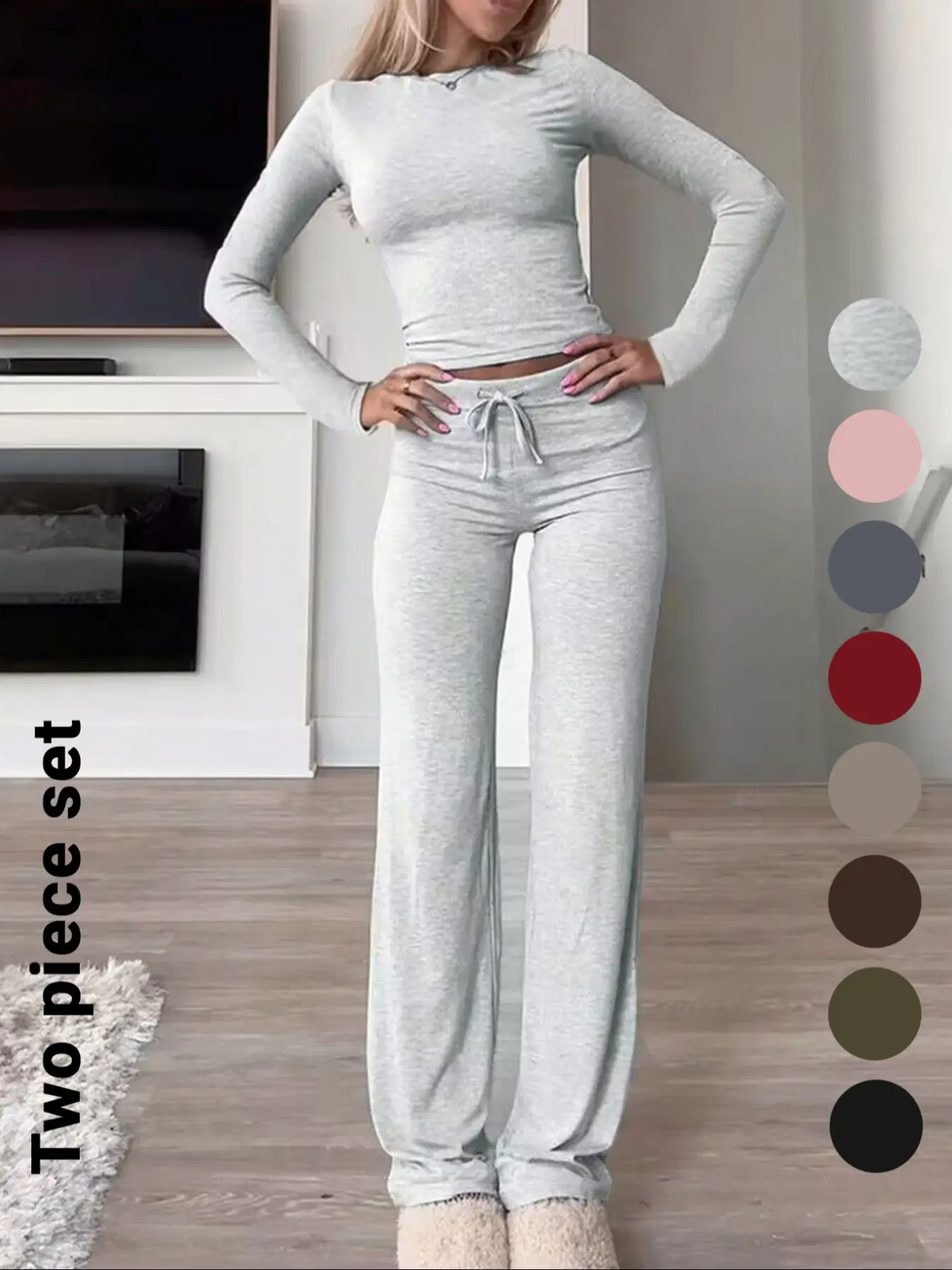 Two-piece Set Women's Solid Color Long Sleeve Crop Tee & High-waisted Drawstring Pants Set, Casual Slim Fit Outfit for Fall & Winter Seasons, Womenswe