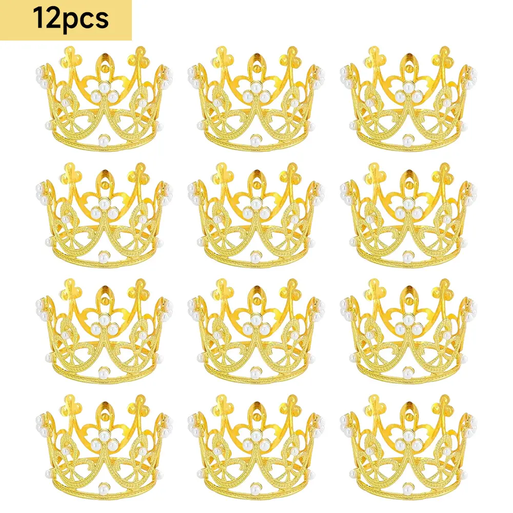 12pcs Mini Crowns for Flower Bouquets, Mini Crown Cake Topper, Crystal Pearl Cupcake Toppers for Flower Arrangements Cupcake Birthday Party Wedding Decor