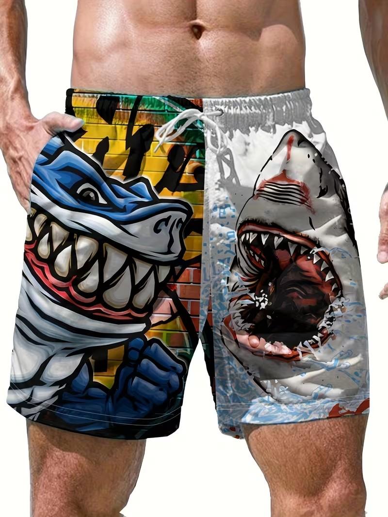 Men'S Beach Shorts Featuring a 3D Shark Pattern Made from Casual Polyester with a Drawstring Waist Shark Head Pattern Beach Shorts