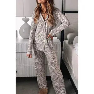 Leopard Button Down Long Sleeve Top and Pants Lounge Set