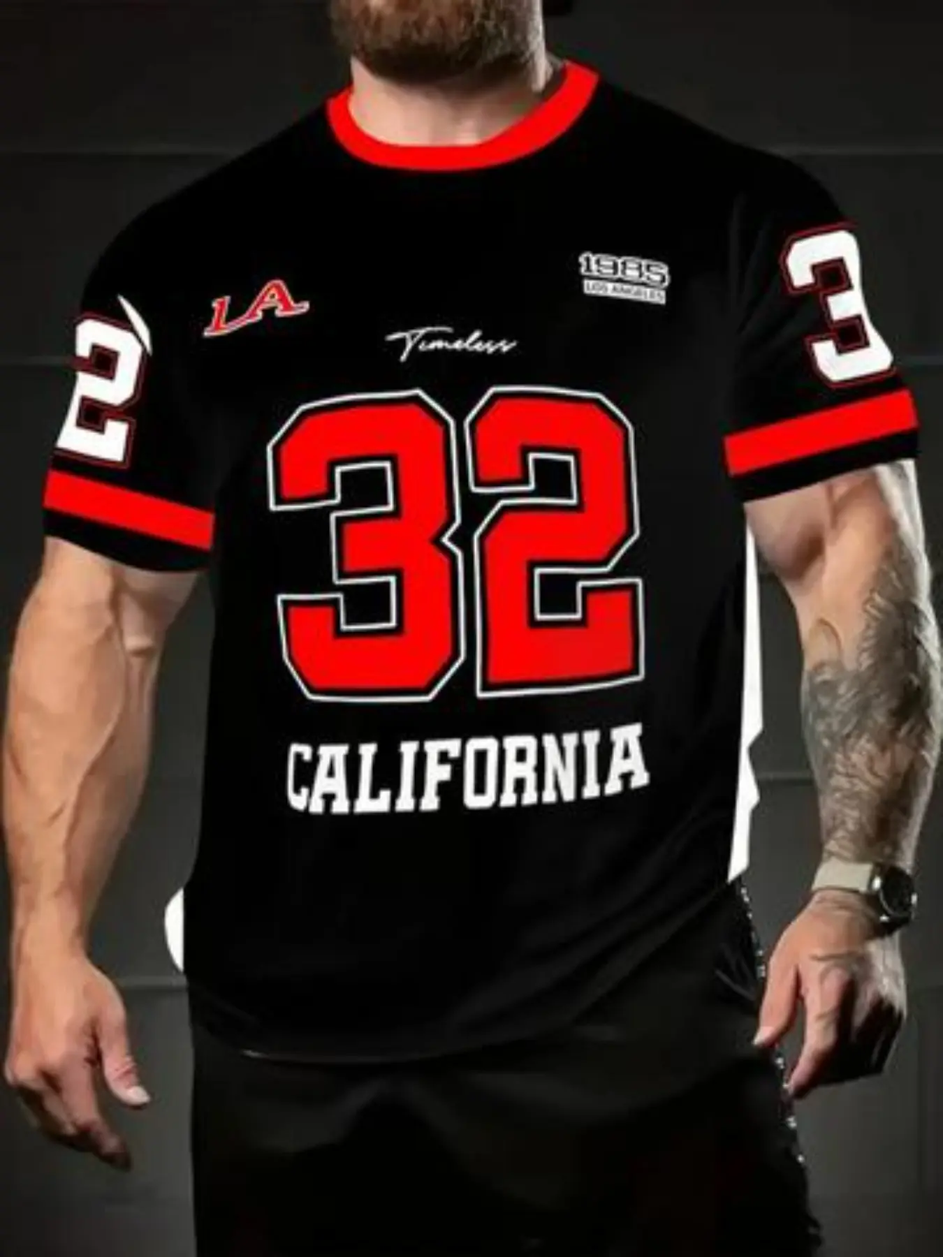 Men's Fashion Los Angeles California 32 Number Printed Short Sleeve, 3D Print Casual Sports Shirt, Athletic Shirt, Micro Stretch Fabric, Fun Round Neck Top, Casual Sports Style, Casual Sports Tops