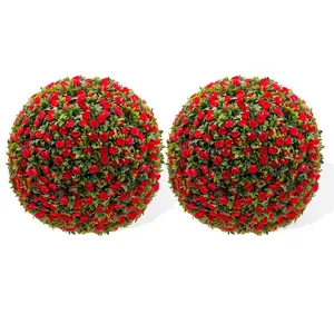 15.7" Artificial Topiary Balls Set of 2, Fake Topiary Rose Balls for Home Decor Indoor and Outdoor,Wedding,Party Decoration,Red