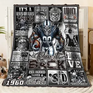 Vintage American Football Flannel Throw Blanket with Skull Player Graphic & Retro Slogans