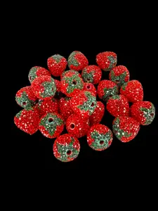 R53- (5PCS) 17mm Bright Red W/Green Strawberry Pave-rhinestones with Polymer Clay Core Beads for DIY