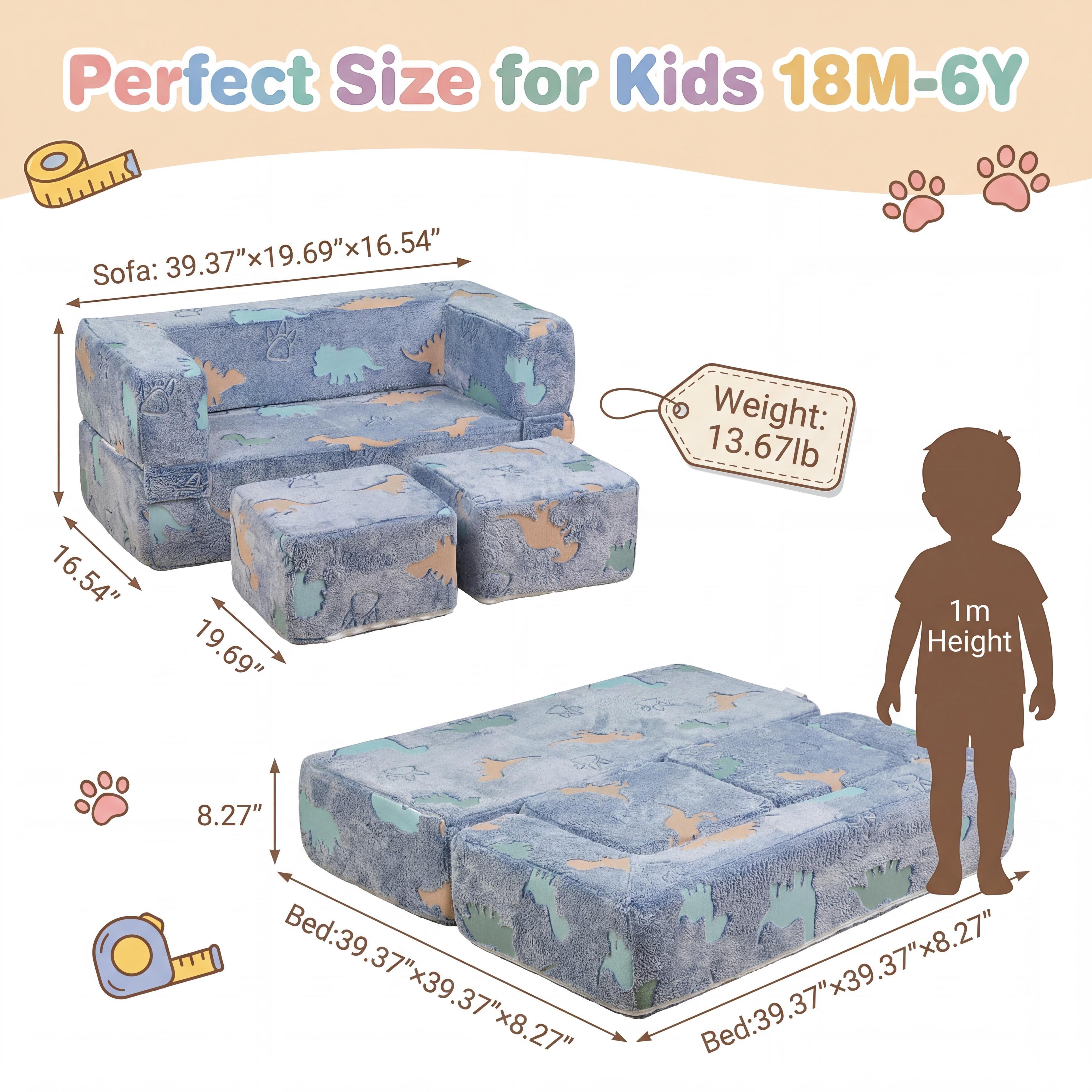 Blue dinosaur, a child-friendly sofa for babies, a large folding sofa bed, easy to assemble and clean, suitable for living rooms and bedrooms. It can be transformed into a bed, making it a perfect  birthday gift for both girls and boys
