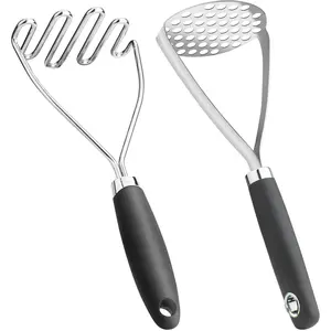 Potato Masher Set of 2 Pieces, 10.25-Inch Stainless Steel Wire Mashed Potato Masher, Kitchen Gourmet Making Tools Professional Integrated Honeycomb, For Vegetable, Fruit, Melon, Potato Etc, Black