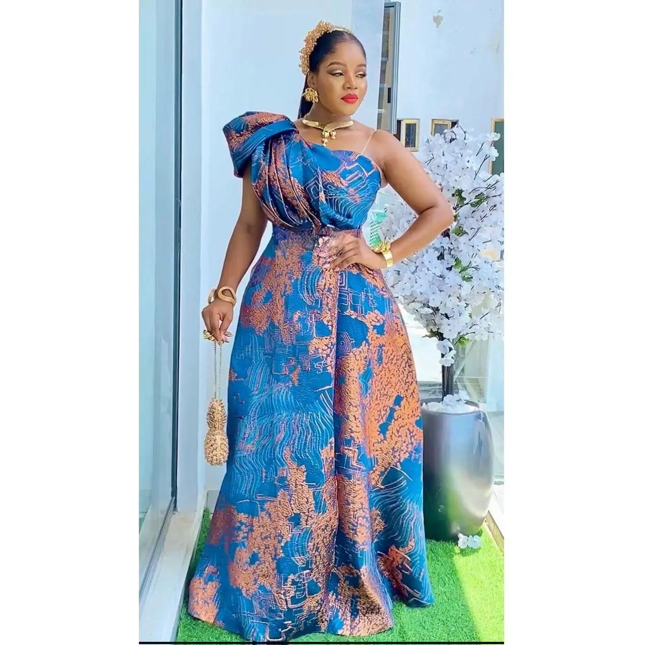 Elegant Blue One Shoulder Wedding Guest Brocade Maxi Dress with Front Slit & Pockets Stylish Fit Elegant Blue One Shoulder Wedding Guest Brocade Maxi Dress with Front Slit & Pockets Stylish Fit