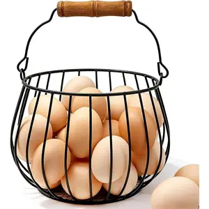 24 Egg Capacity Wire Egg Basket with Wood Handle, Egg Gathering Basket from Chicken Coop to Kitchen Counter Organizer for Fresh Eggs Potatoes Onions & More