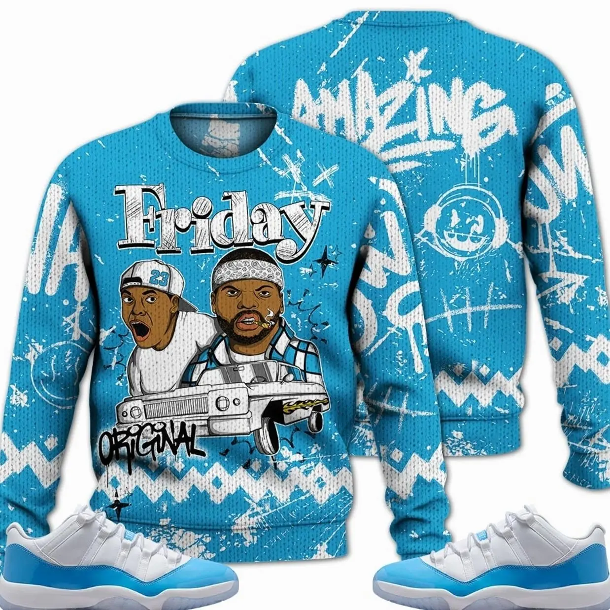 11 Low University Blue Outfits, Low University Blue 11s Ugly Sweater, Meme Friday Streetwear Unisex Sneaker Matching Shirts