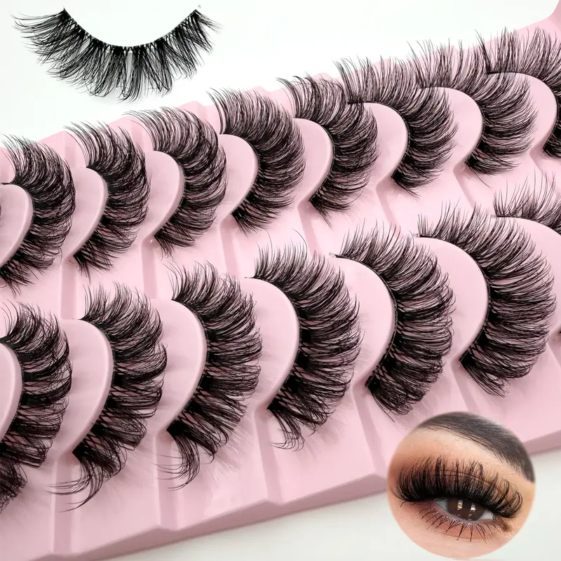 10 Pairs Natural Eyelashes, Fluffy Lashes D Curl, Volumized False Eyelashes, 3D Volume Wispy False Lashes Strips, Perfect for Daily or Special Occasion Makeup
