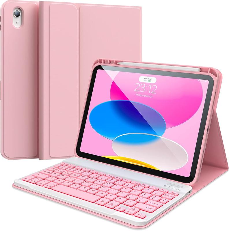 Keyboard Case for iPad 11th Gen 2025 and 10th Gen 10.9 Inch Pink Protective Cover with Pencil Holder 7 Color Backlit Detachable Wireless Keyboard