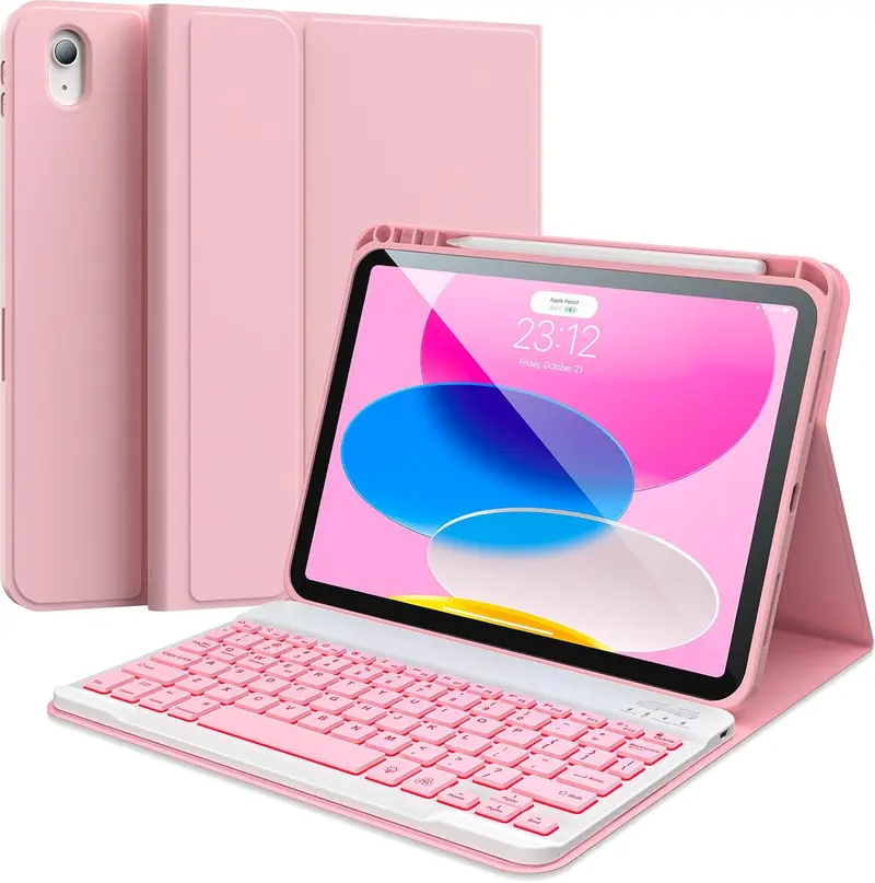 Keyboard Case for iPad 11th Gen 2025 and 10th Gen 10.9 Inch Pink Protective Cover with Pencil Holder 7 Color Backlit Detachable Wireless Keyboard