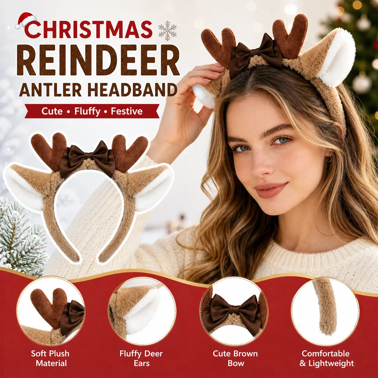 Christmas Reindeer Antler Headband, Fluffy Plush Deer Ear Hair Hoop With Brown Bow, Women Kids Festive Xmas Costume Headpiece For Holiday Party Cosplay Photo Props