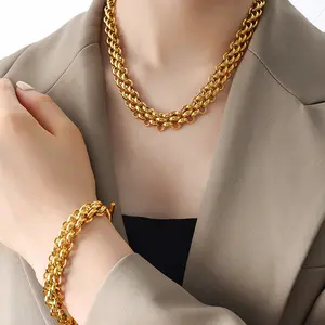 Bold Chunky Chain Jewelry Set| Minimalist Edgy Statement Necklace & Bracelet| 18K Gold Plated Interlocking Link Design| Hypoallergenic Trendy Cool Accessory for Women| Versatile for Daily & Party Wear bracelet men link bracelet statement necklace