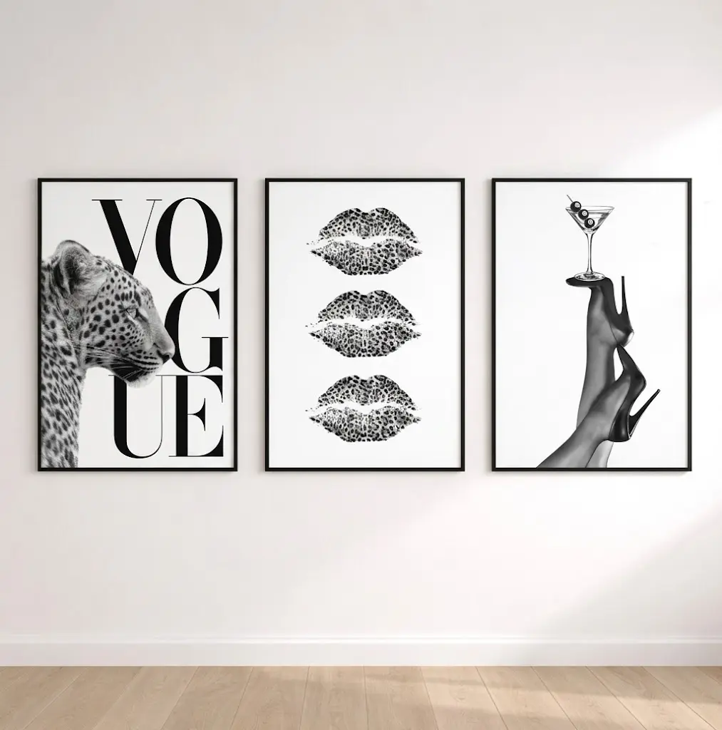 Set of 3 Leopard Prints Vogue Luxury Black and White Stockholme Mono Poster Prints, No Frame