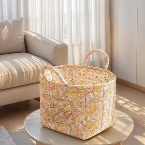 Floral Multi-Functional Foldable Storage Basket With Built-in Handles, Cotton Linen Laundry Hamper, Large Capacity Washable Fabric Basket, Reusable Universal Organizer for Clothes, Toys & Blankets, for Bedroom, Bathroom, Living Room & Laundry Room