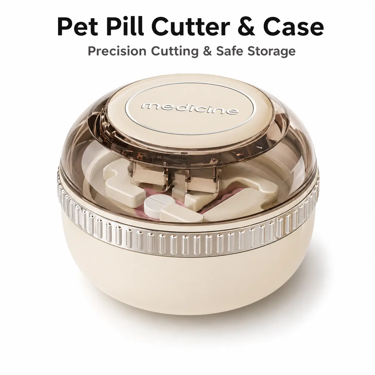 Premium Compact Durable Modern Stainless Round Travel Size Pet Pill Cutter for Dogs & Cats - Sharp Blade Splitter, 1/2 & 1/4 Exact Dosage Cuts, Easy Pet Medication Administration, Portable for Treat Hiding