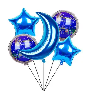 Islamic Holiday Decor | Ramadan Mubarak Balloons | 5 Pack - Crescent Moon & Star - Blue