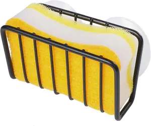 Kitchen Sink Sponge Organizer – Rectangle Stainless Steel Rust-Resistant Matte Black Rack with 4 Strong Suction Cups, Smooth Open Design for Easy Cleaning & Drainage, Durable Multi-Purpose Plastic Holder for Soap, Sponge, Dish Pad, Drain Stopper