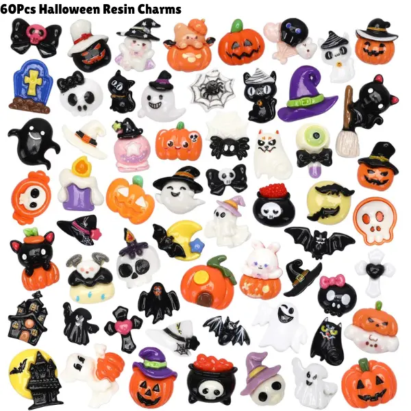 60Pcs Halloween Resin Charms, DIY Halloween Craft Supplies, Mini Slime Charms, Flatback Embellishments for Phone Cases, Scrapbooking & Hair Clips, Perfect Halloween Gift