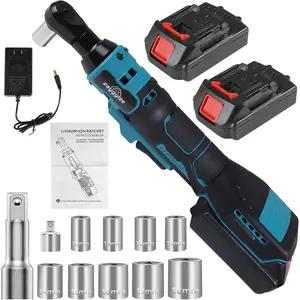 3/8'' Cordless Ratchet Wrench, 60FT-LBS (80N.m) Electric Ratchet with 21V 2 X 2.0Ah Battery, 400 RPM Chargeable Power Ratchet Driver Set with 8 Sockets,1/4 Adaptor, 3" Extension Bar