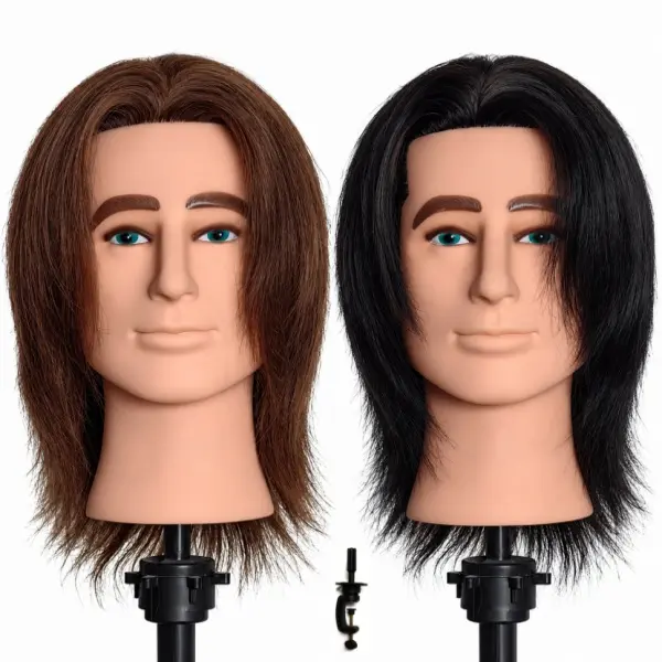 8-inch men’s hairdressing practice head, made from 100% real hair; a practice head with the texture of real human hair, suitable for practising haircuts, comes with a free clip-on stand