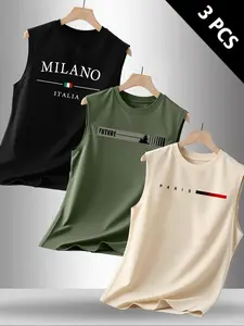 Men's 3-Pack City & Slogan Print Sleeveless Slim Fit Tank Tops, Casual Gym Workout Muscle Vests, Breathable Summer Tees #3PackTankTops #CityPrintTank #GymMuscleVest #CasualMensTank #TikTokMadeMeBuyIt