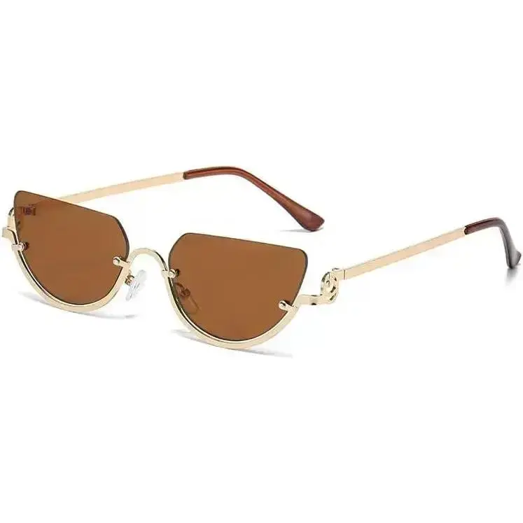 Retro Half-Frame Cat Eye Sunglasses for Women, 2026 Trendy Narrow Gold Semi-Rimless Y2K Feline Eye Eyeglass