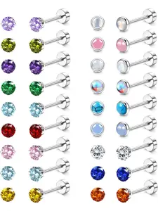 18 Pairs Flat Back Earrings Hypoallergenic Stainless Surgical Steel Screw Back Stud Earrings for Women Men 20G Tiny CZ Opal Birthstone Nap Cartilage Flatback Earrings Set Flat Pierced Jewelry