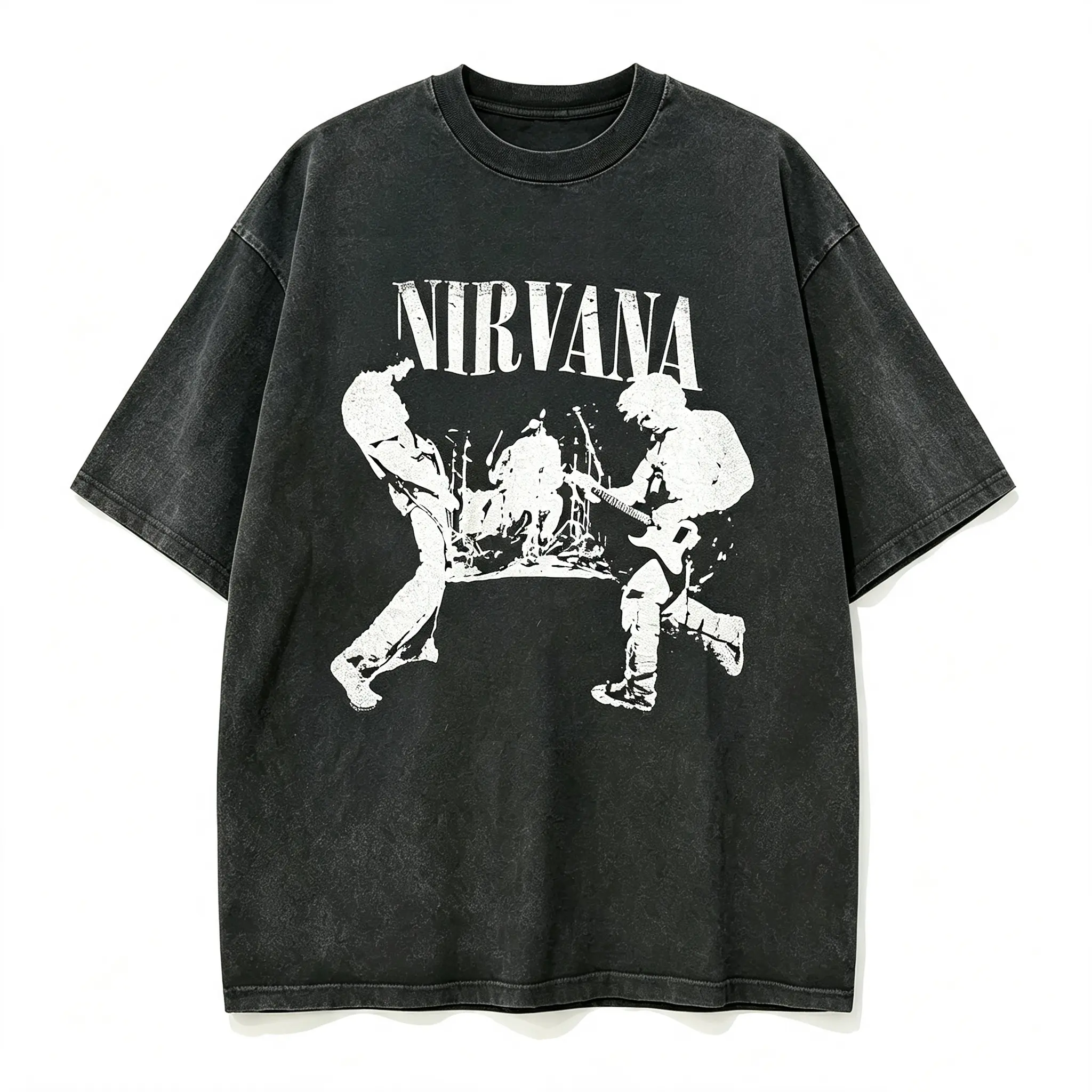 Retro performance silhouette Nirvana 90s rock music pattern T-shirt, garbage shirt, worn-out oversized neutral T-shirt, alternative gift for music fans